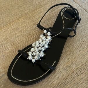 KATE SPADE | Rare Kizzie Pearl Beaded Black Leather Sandals - Size 9.5 - EUC‌